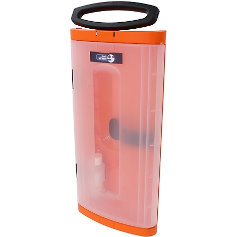 Oranje EHBO-kit met handvat. De transparante behuizing toont een fles.